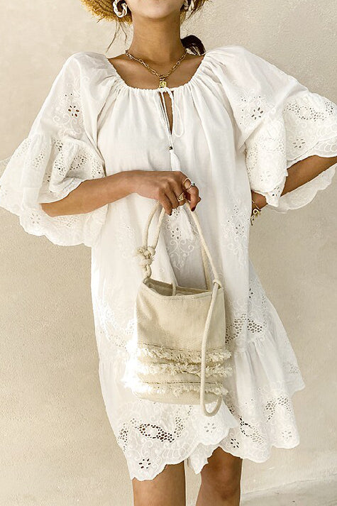 Casual Hip Collar Tie Embroidered Dress - liwisi