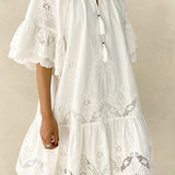 Casual Hip Collar Tie Embroidered Dress - liwisi