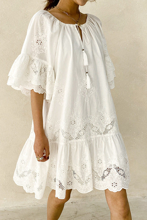 Casual Hip Collar Tie Embroidered Dress - liwisi