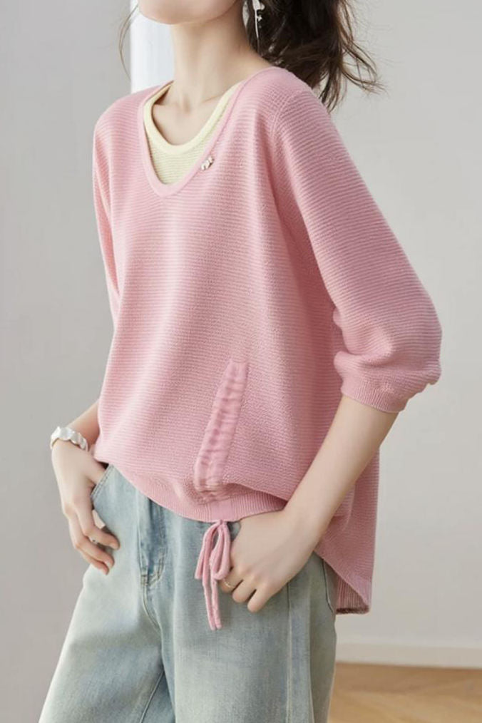 Casual Fake Two-Piece Seven-Point Sleeve Drawstring Knit Sweater - liwisi