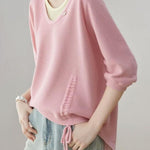 Casual Fake Two-Piece Seven-Point Sleeve Drawstring Knit Sweater - liwisi