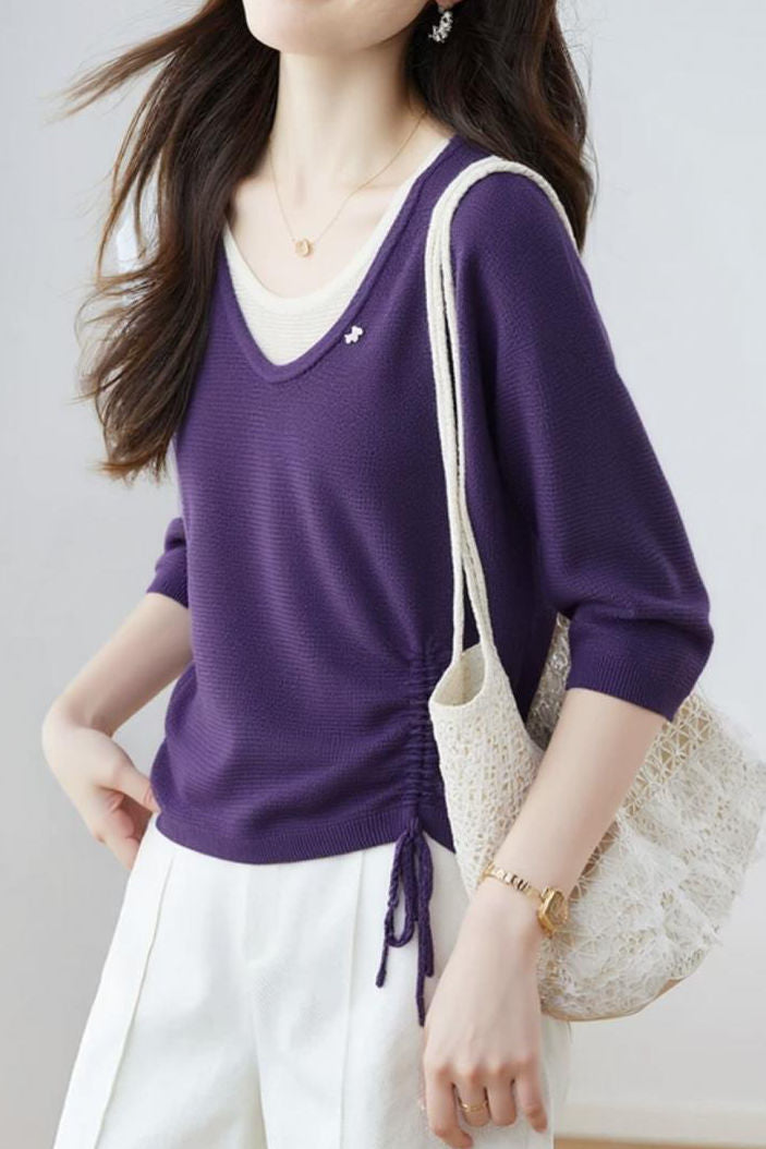 Casual Fake Two-Piece Seven-Point Sleeve Drawstring Knit Sweater - liwisi