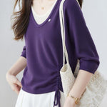 Casual Fake Two-Piece Seven-Point Sleeve Drawstring Knit Sweater - liwisi
