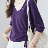 Casual Fake Two-Piece Seven-Point Sleeve Drawstring Knit Sweater - liwisi