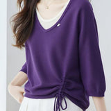 Casual Fake Two-Piece Seven-Point Sleeve Drawstring Knit Sweater - liwisi