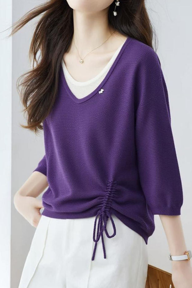 Casual Fake Two-Piece Seven-Point Sleeve Drawstring Knit Sweater - liwisi