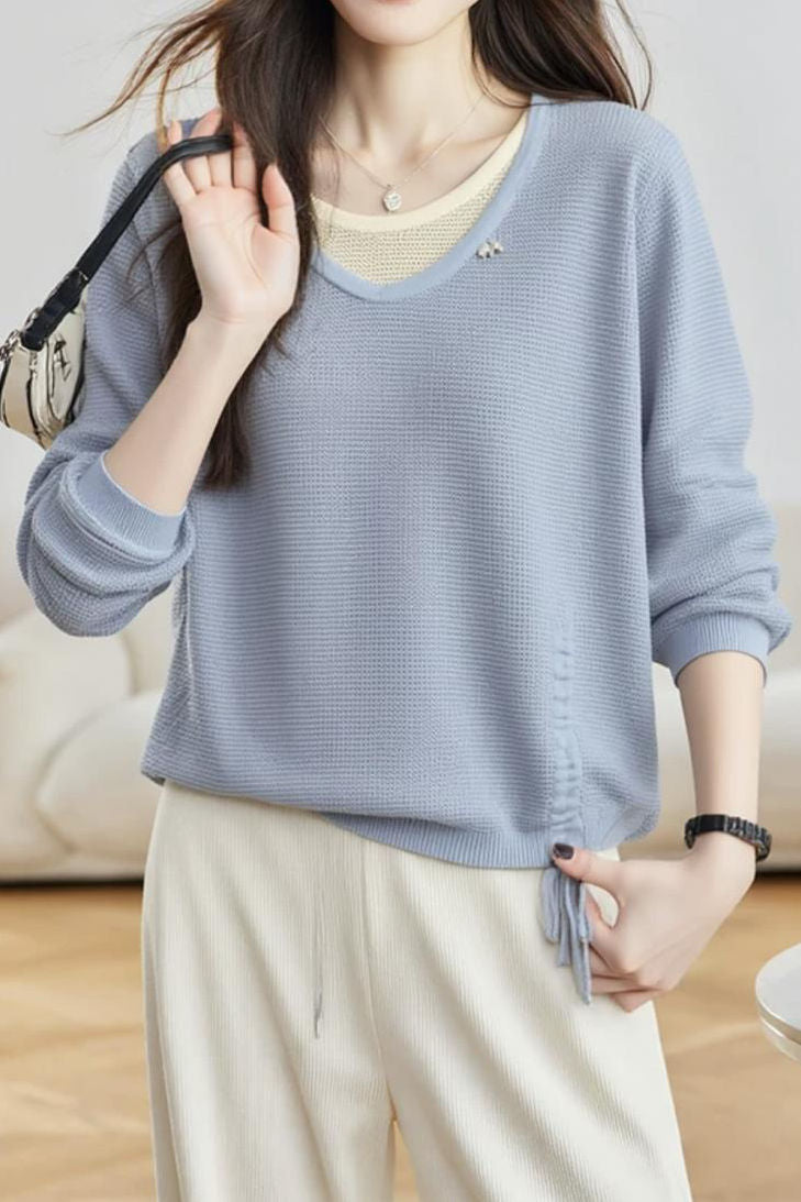 Casual Fake Two-Piece Seven-Point Sleeve Drawstring Knit Sweater - liwisi