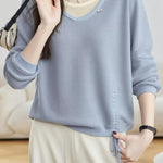 Casual Fake Two-Piece Seven-Point Sleeve Drawstring Knit Sweater - liwisi