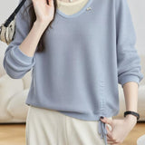 Casual Fake Two-Piece Seven-Point Sleeve Drawstring Knit Sweater - liwisi