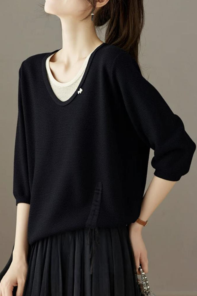 Casual Fake Two-Piece Seven-Point Sleeve Drawstring Knit Sweater - liwisi