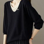 Casual Fake Two-Piece Seven-Point Sleeve Drawstring Knit Sweater - liwisi
