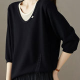 Casual Fake Two-Piece Seven-Point Sleeve Drawstring Knit Sweater - liwisi