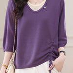 Casual Fake Two-Piece Seven-Point Sleeve Drawstring Knit Sweater - liwisi