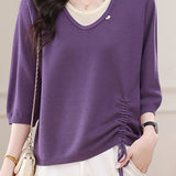 Casual Fake Two-Piece Seven-Point Sleeve Drawstring Knit Sweater - liwisi