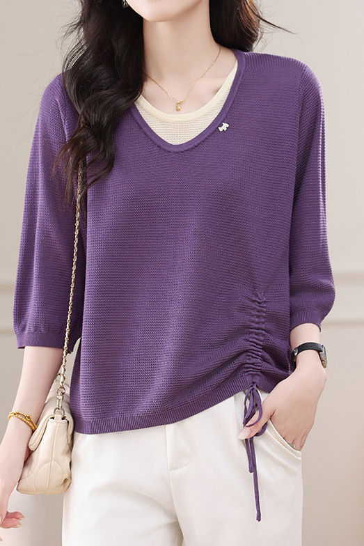 Casual Fake Two-Piece Seven-Point Sleeve Drawstring Knit Sweater - liwisi