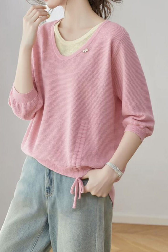 Casual Fake Two-Piece Seven-Point Sleeve Drawstring Knit Sweater - liwisi