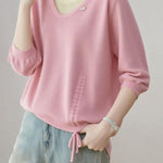 Casual Fake Two-Piece Seven-Point Sleeve Drawstring Knit Sweater - liwisi