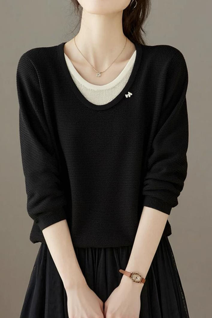 Casual Fake Two-Piece Seven-Point Sleeve Drawstring Knit Sweater - liwisi