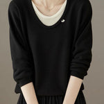 Casual Fake Two-Piece Seven-Point Sleeve Drawstring Knit Sweater - liwisi