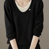 Casual Fake Two-Piece Seven-Point Sleeve Drawstring Knit Sweater - liwisi