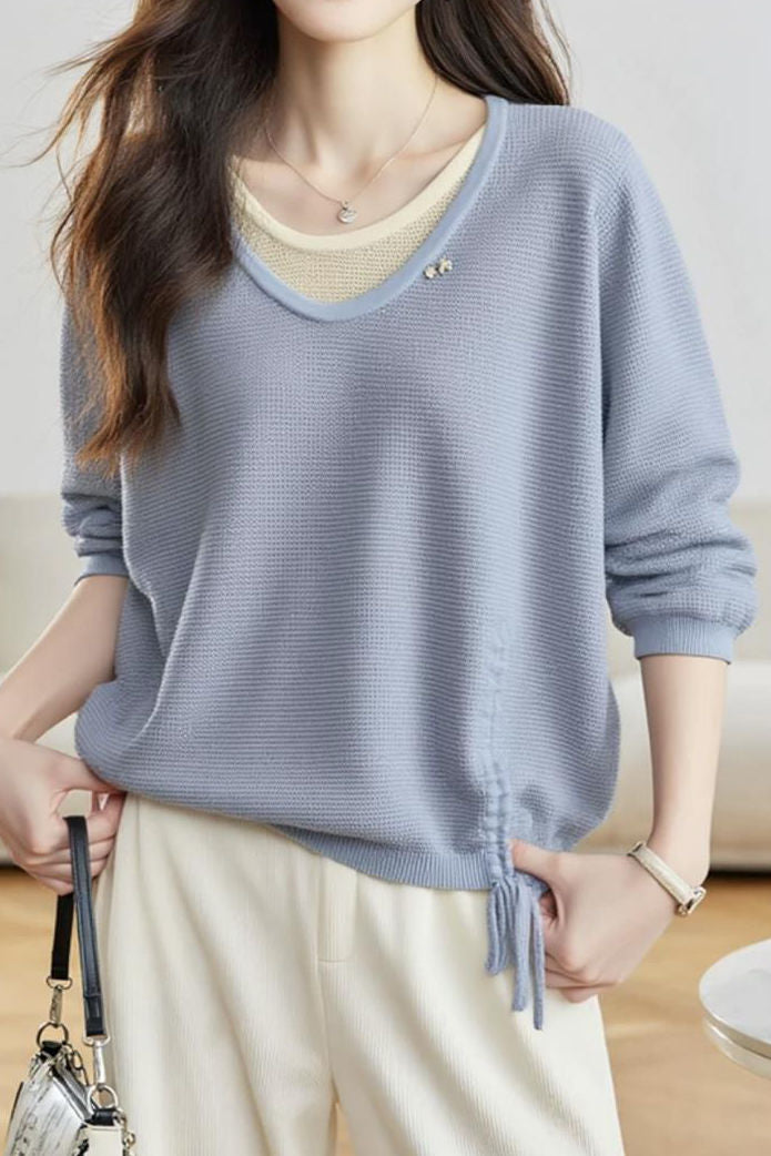 Casual Fake Two-Piece Seven-Point Sleeve Drawstring Knit Sweater - liwisi