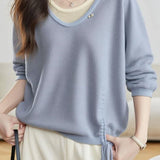 Casual Fake Two-Piece Seven-Point Sleeve Drawstring Knit Sweater - liwisi