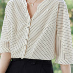 Elegant Striped Small V-Neck Five-Point Sleeve Shirt - liwisi