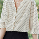 Elegant Striped Small V-Neck Five-Point Sleeve Shirt - liwisi
