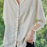 Elegant Striped Small V-Neck Five-Point Sleeve Shirt - liwisi