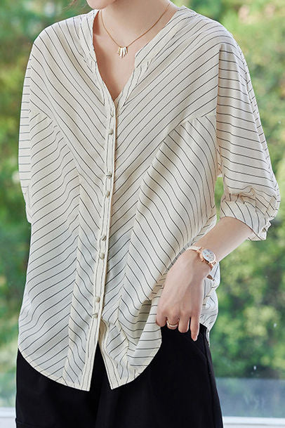 Elegant Striped Small V-Neck Five-Point Sleeve Shirt - liwisi