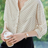 Elegant Striped Small V-Neck Five-Point Sleeve Shirt - liwisi