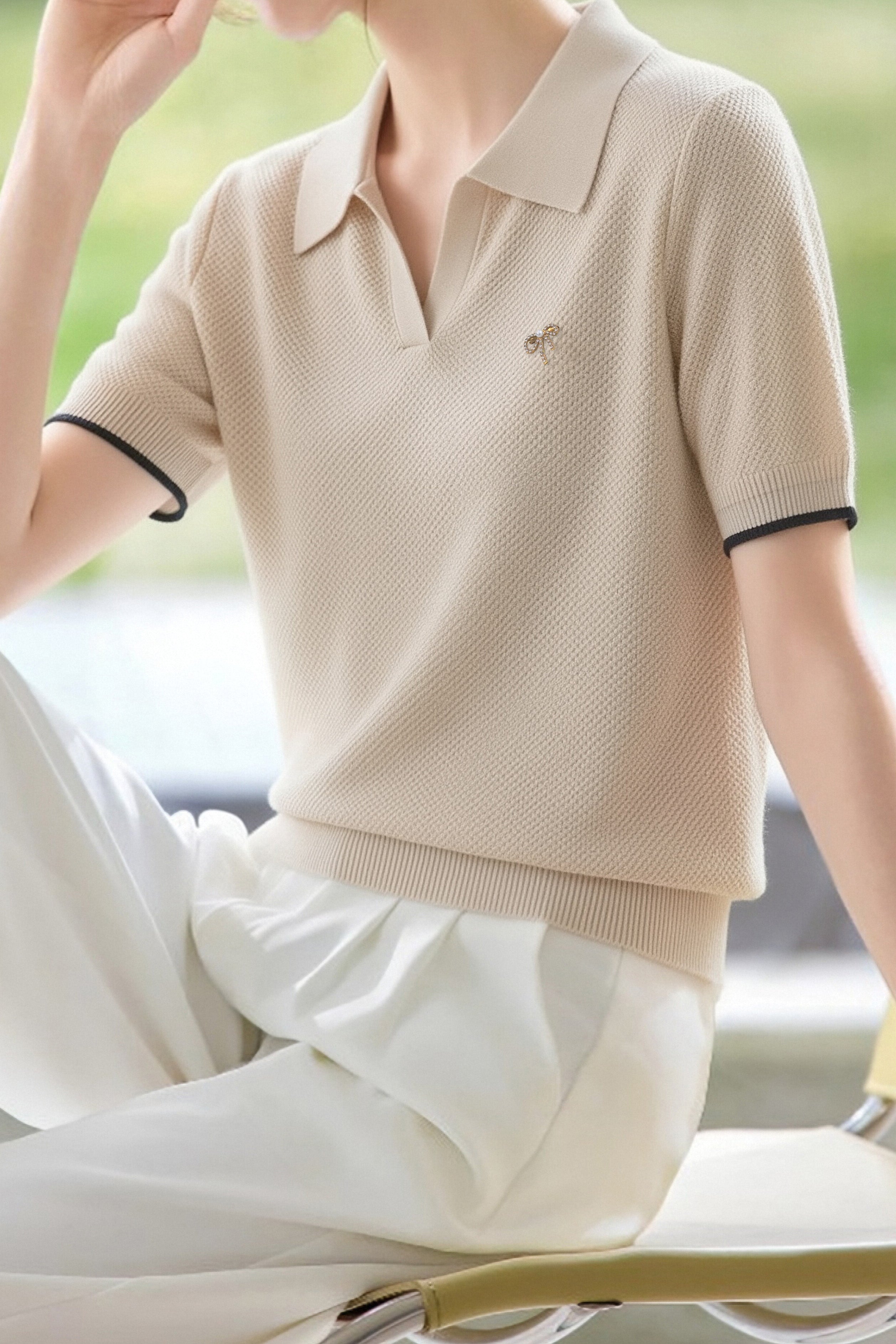 Elegant Polo Collar Short Sleeve Knit Top - liwisi