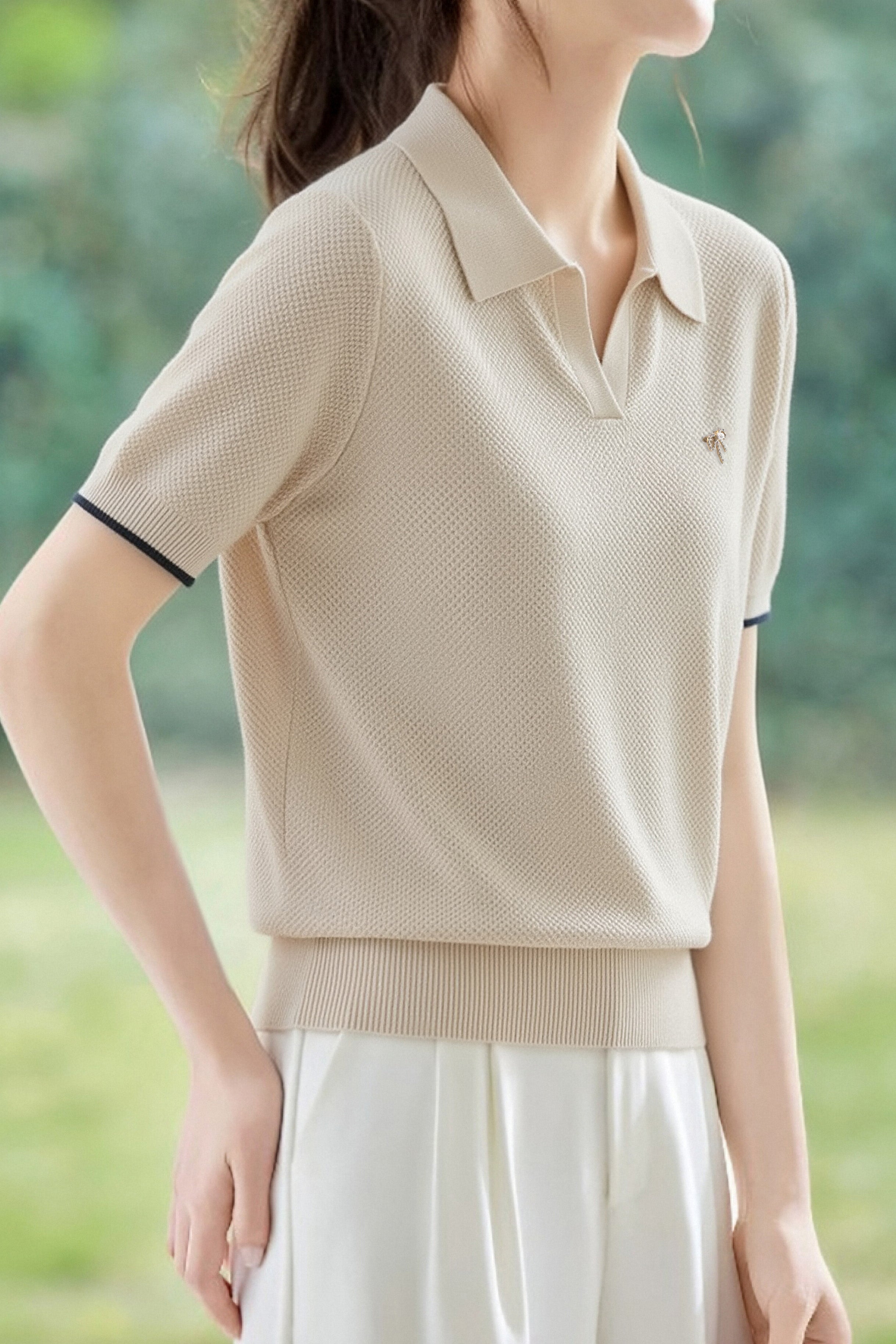 Elegant Polo Collar Short Sleeve Knit Top - liwisi