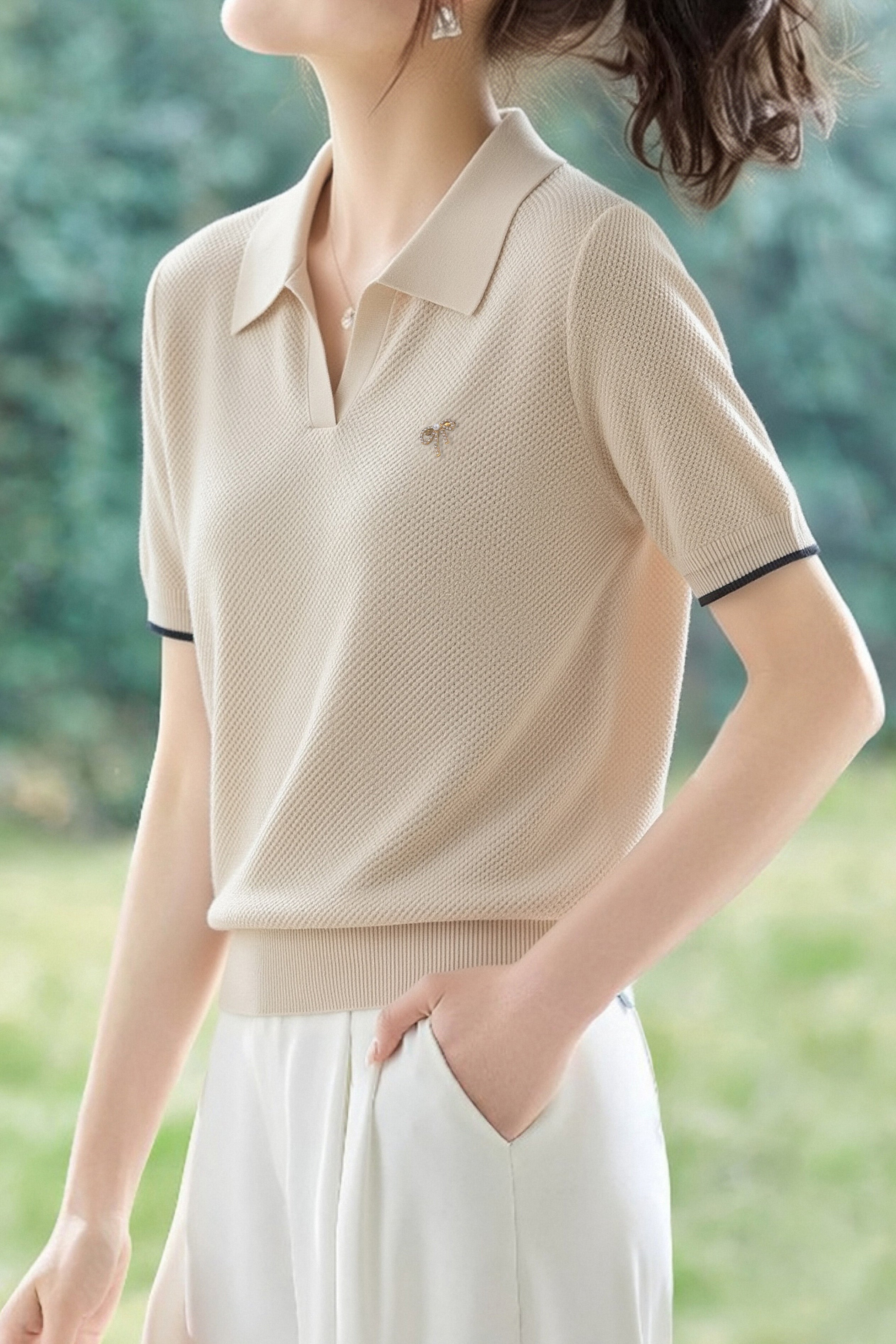 Elegant Polo Collar Short Sleeve Knit Top - liwisi