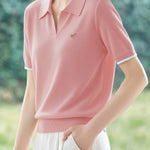 Elegant Polo Collar Short Sleeve Knit Top - liwisi