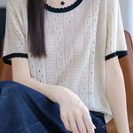 Elegant Hollow Color Block Crew Neck Knit Sweater - liwisi