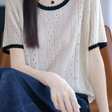 Elegant Hollow Color Block Crew Neck Knit Sweater - liwisi