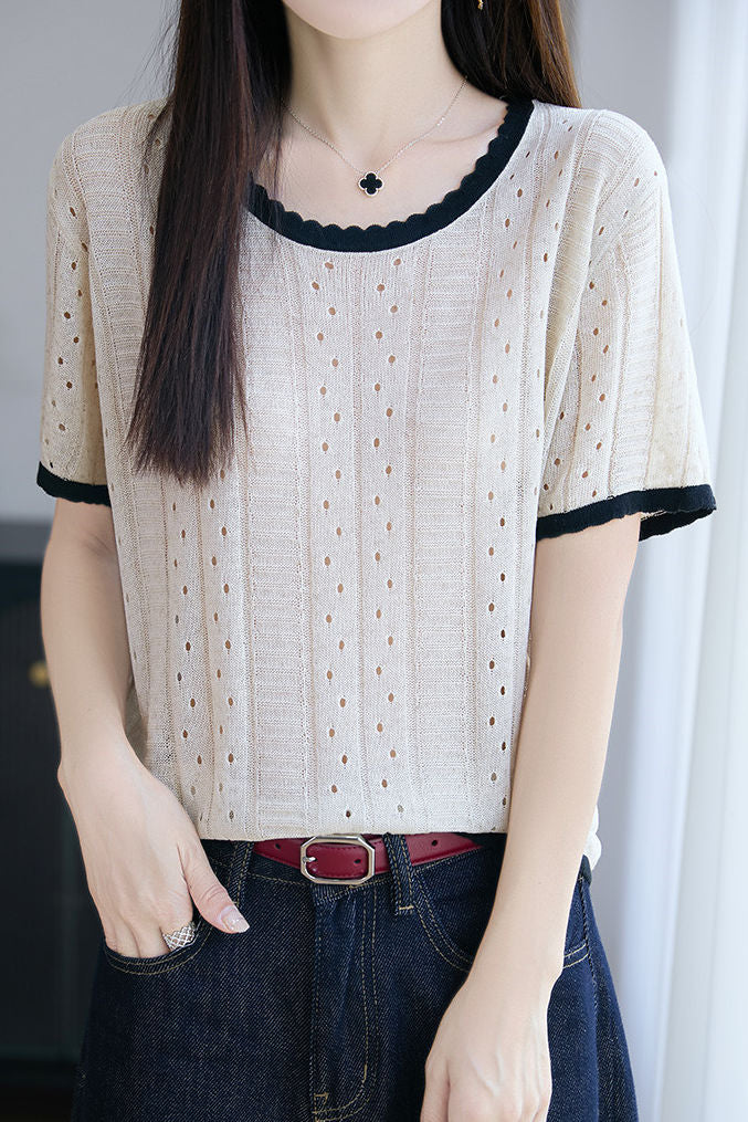 Elegant Hollow Color Block Crew Neck Knit Sweater - liwisi