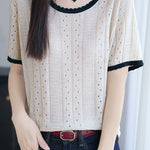 Elegant Hollow Color Block Crew Neck Knit Sweater - liwisi