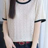Elegant Hollow Color Block Crew Neck Knit Sweater - liwisi