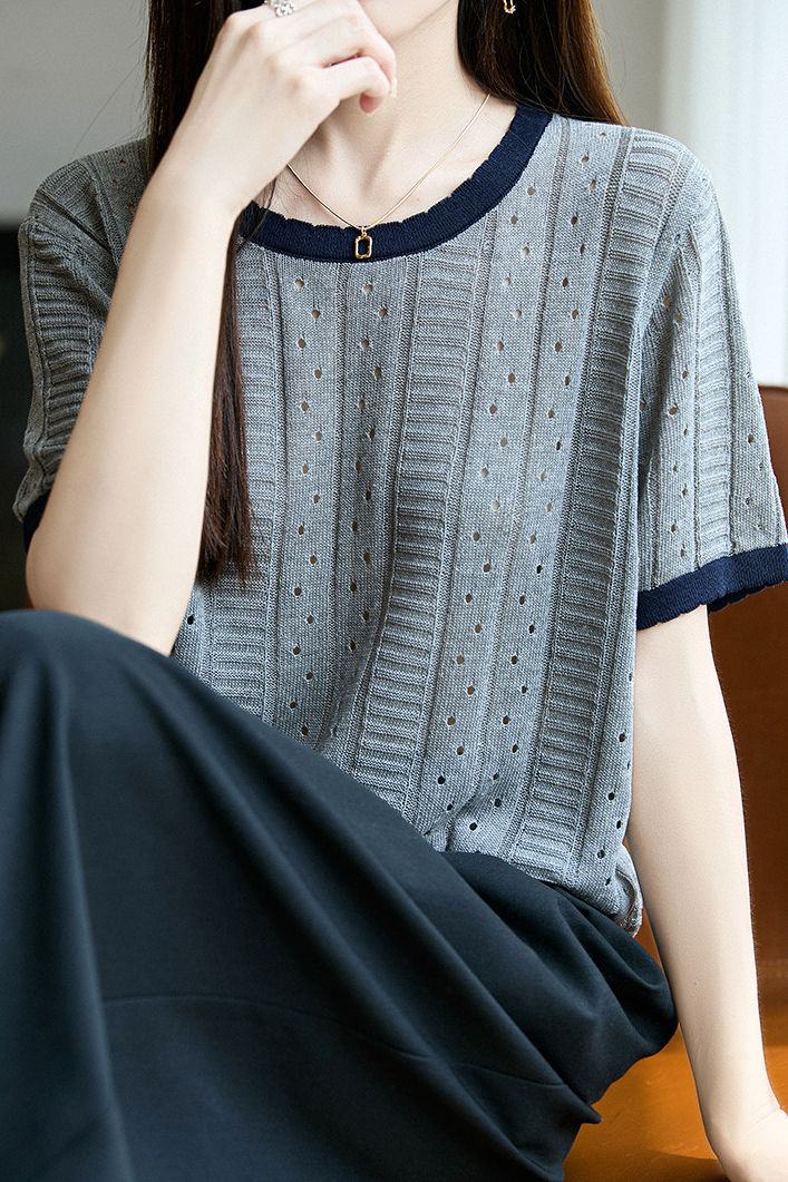 Elegant Hollow Color Block Crew Neck Knit Sweater - liwisi