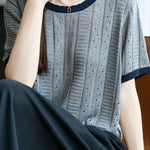 Elegant Hollow Color Block Crew Neck Knit Sweater - liwisi