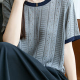 Elegant Hollow Color Block Crew Neck Knit Sweater - liwisi