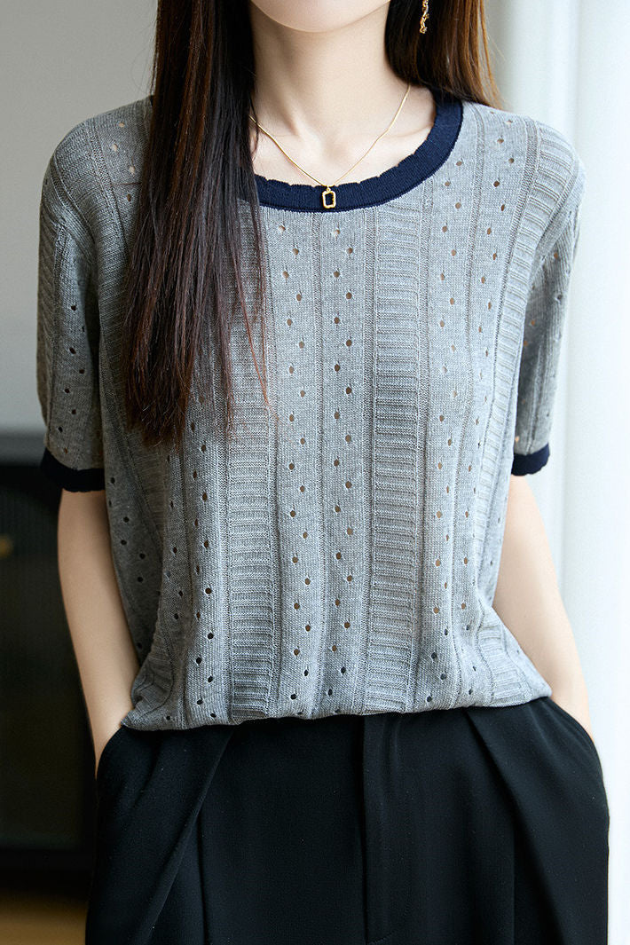 Elegant Hollow Color Block Crew Neck Knit Sweater - liwisi