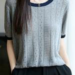 Elegant Hollow Color Block Crew Neck Knit Sweater - liwisi