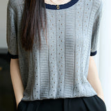 Elegant Hollow Color Block Crew Neck Knit Sweater - liwisi