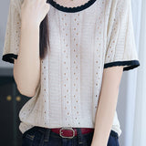 Elegant Hollow Color Block Crew Neck Knit Sweater - liwisi