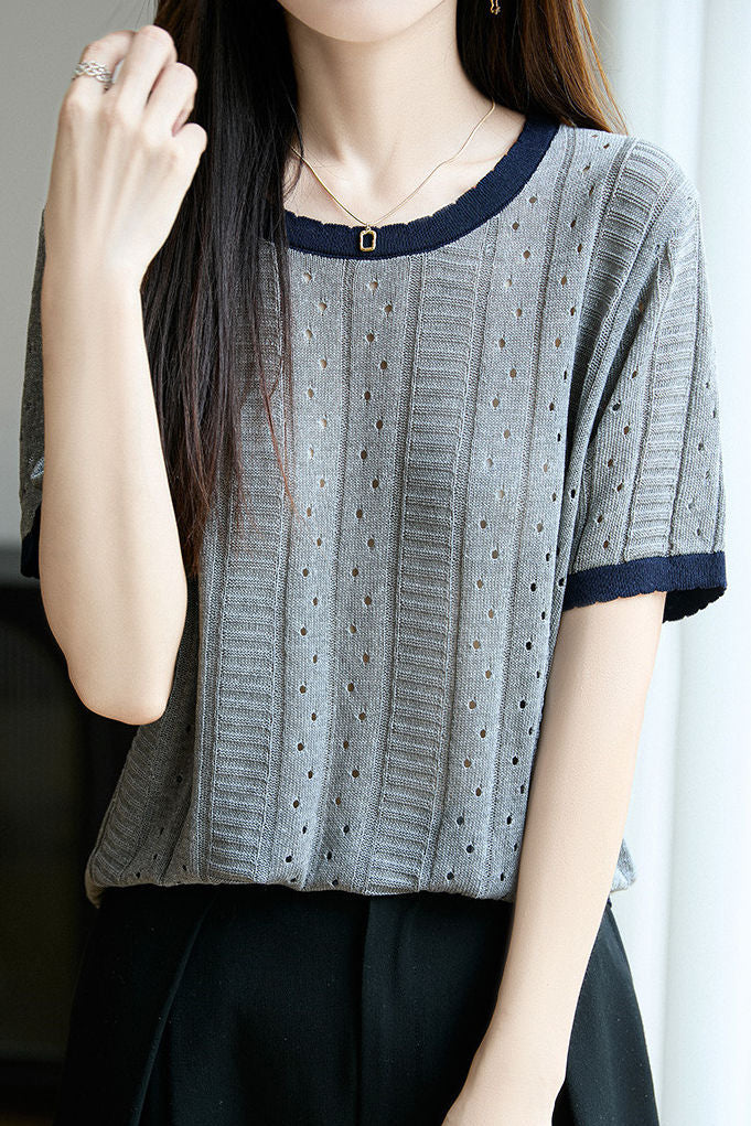 Elegant Hollow Color Block Crew Neck Knit Sweater