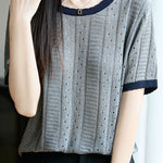 Elegant Hollow Color Block Crew Neck Knit Sweater - liwisi