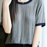 Elegant Hollow Color Block Crew Neck Knit Sweater - liwisi